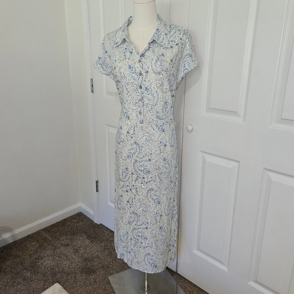 Lucky Brand Dresses & Skirts - Lucky Brand Maxi Dress Womens 1X Blue Paisley Linen Blend Button Front Tie Waist